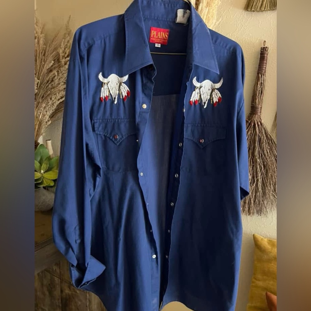Blue Casual Pearl Snap Button Down Shirt with Embroidered Details